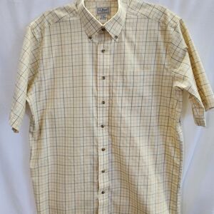 L.L. Bean Men's Yellow and Blue Plaid Short Sleeve Button Down Shirt